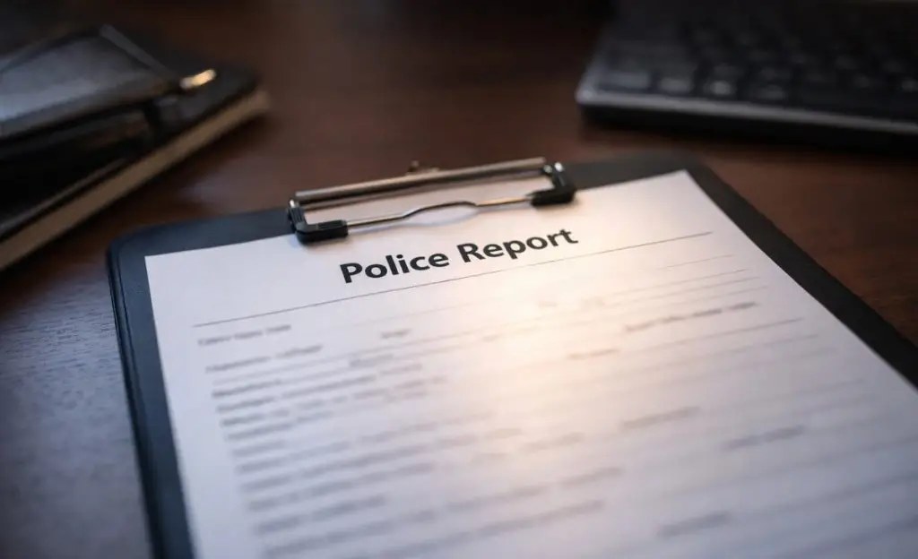Police report and medical records on a desk after a Colorado roadway collision