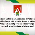 Dječjim vrtićima Lastavica i Potočnica dodijeljeno 220 tisuća kuna u sklopu Programa potpore za održavanje i razvoj predškolske djelatnosti